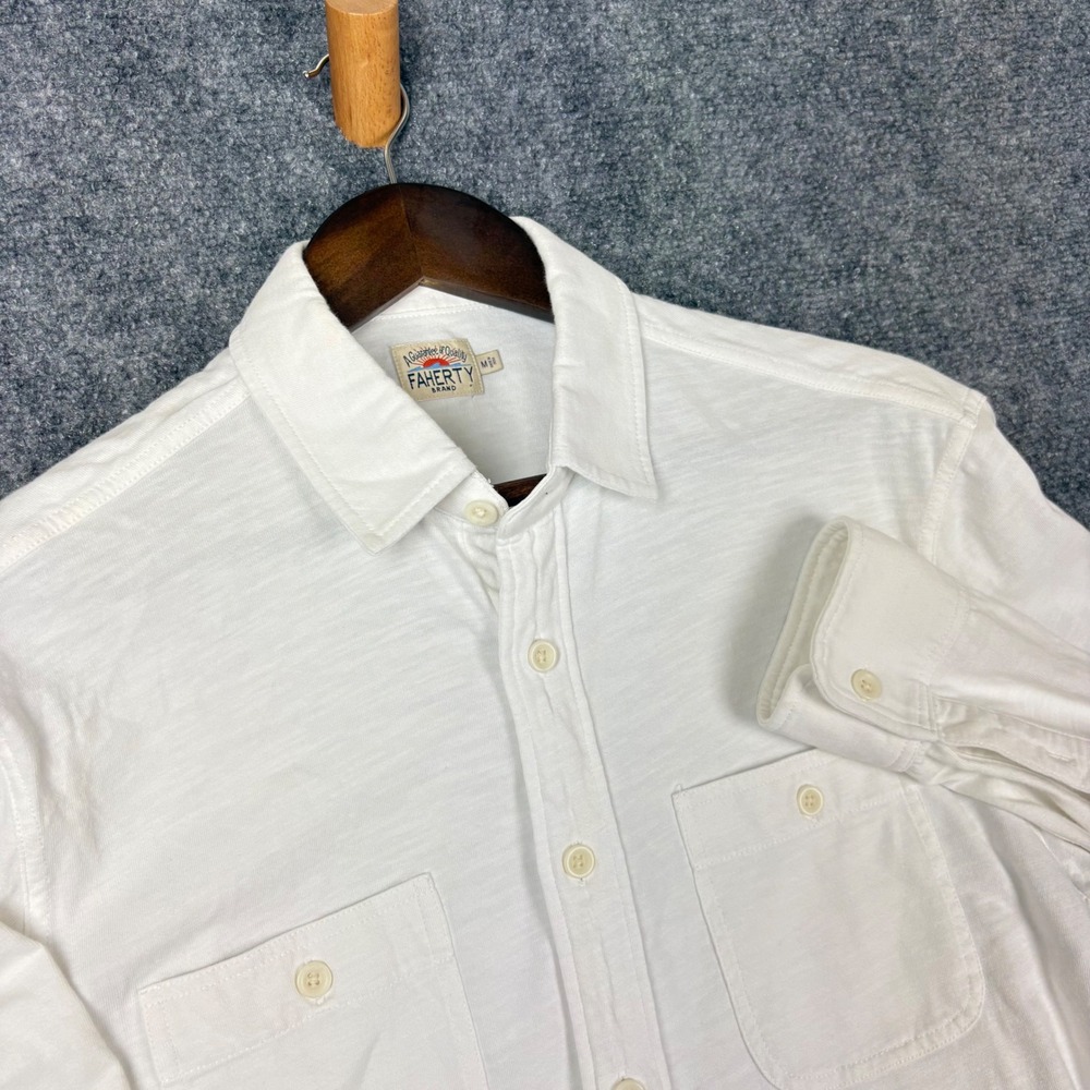 Faherty Brand Mens White Organic Cotton Slub Knit Button Down Shirt Size M